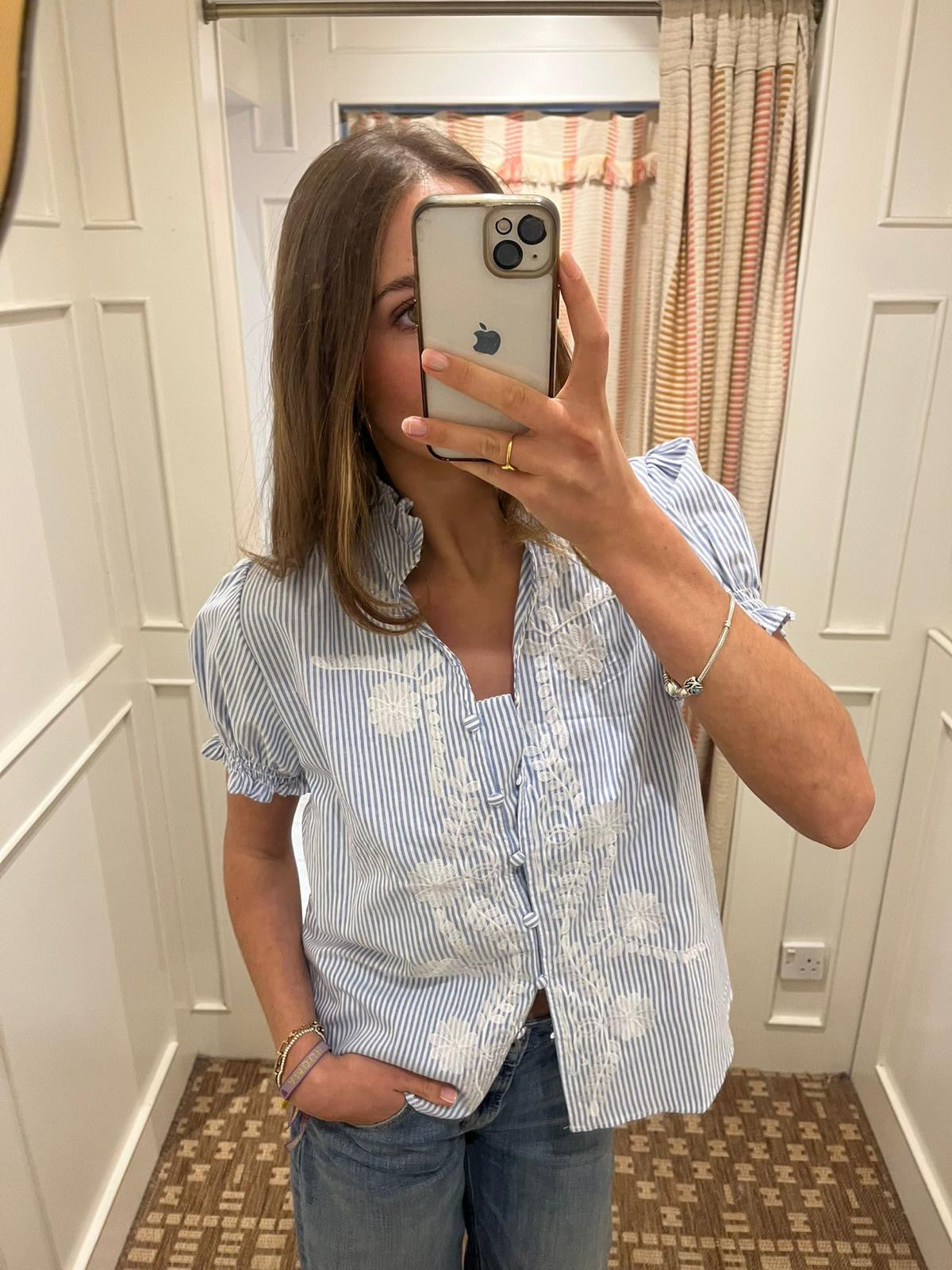 Frill neck embroidered shirt