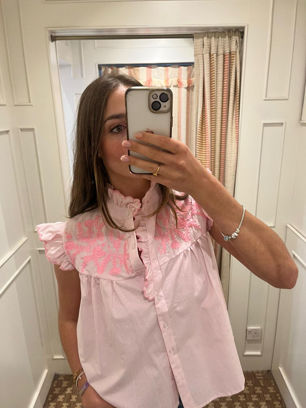 Frill neck shirt with Embroidery detail