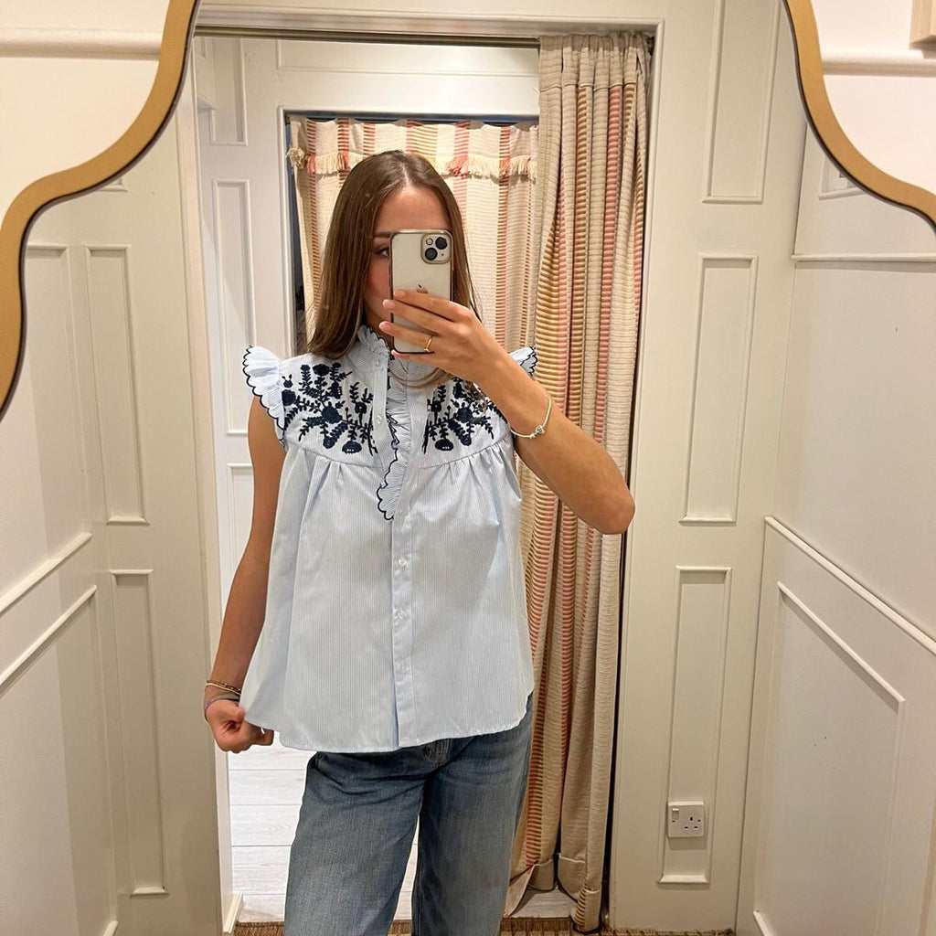 Frill neck shirt with Embroidery detail