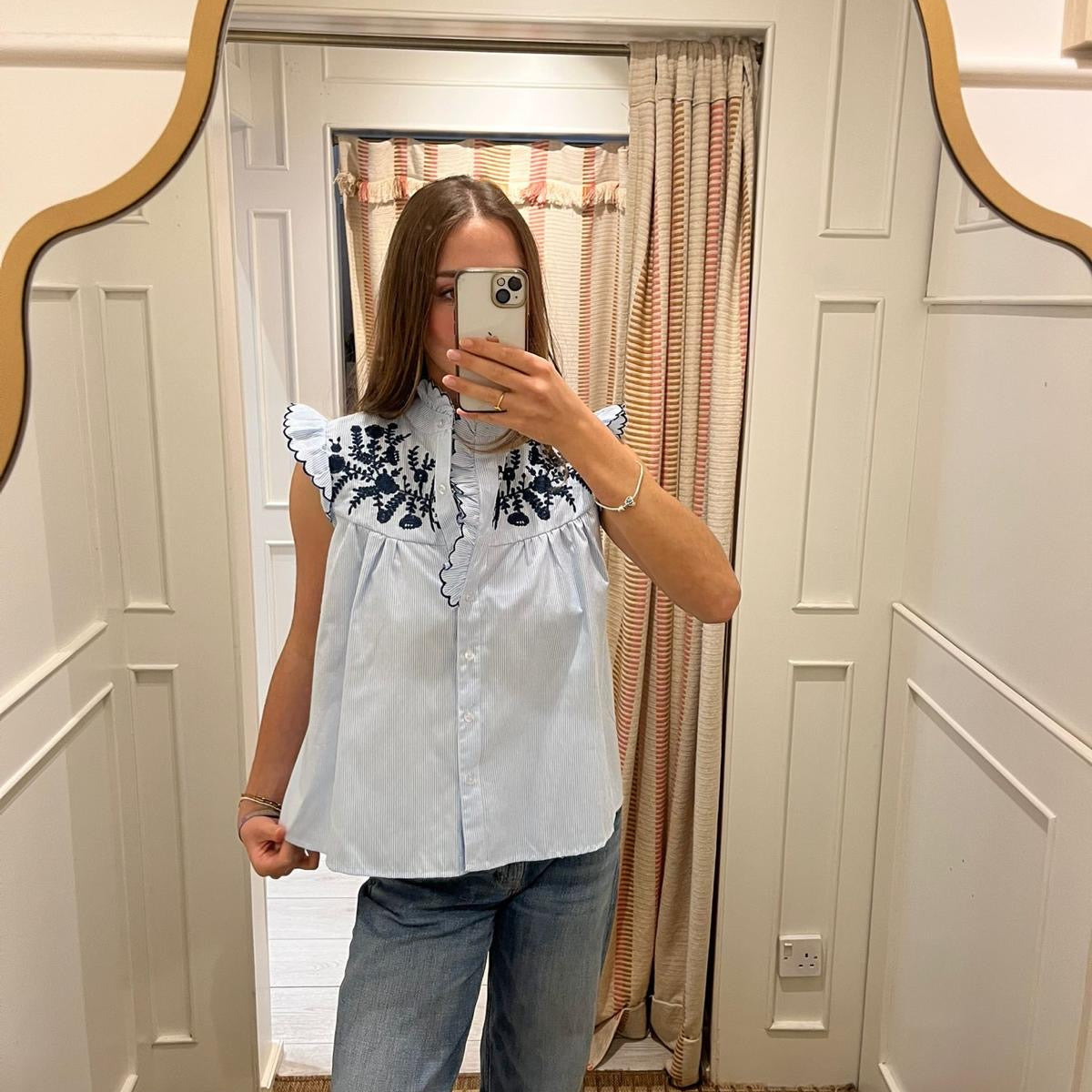 Frill neck shirt with Embroidery detail