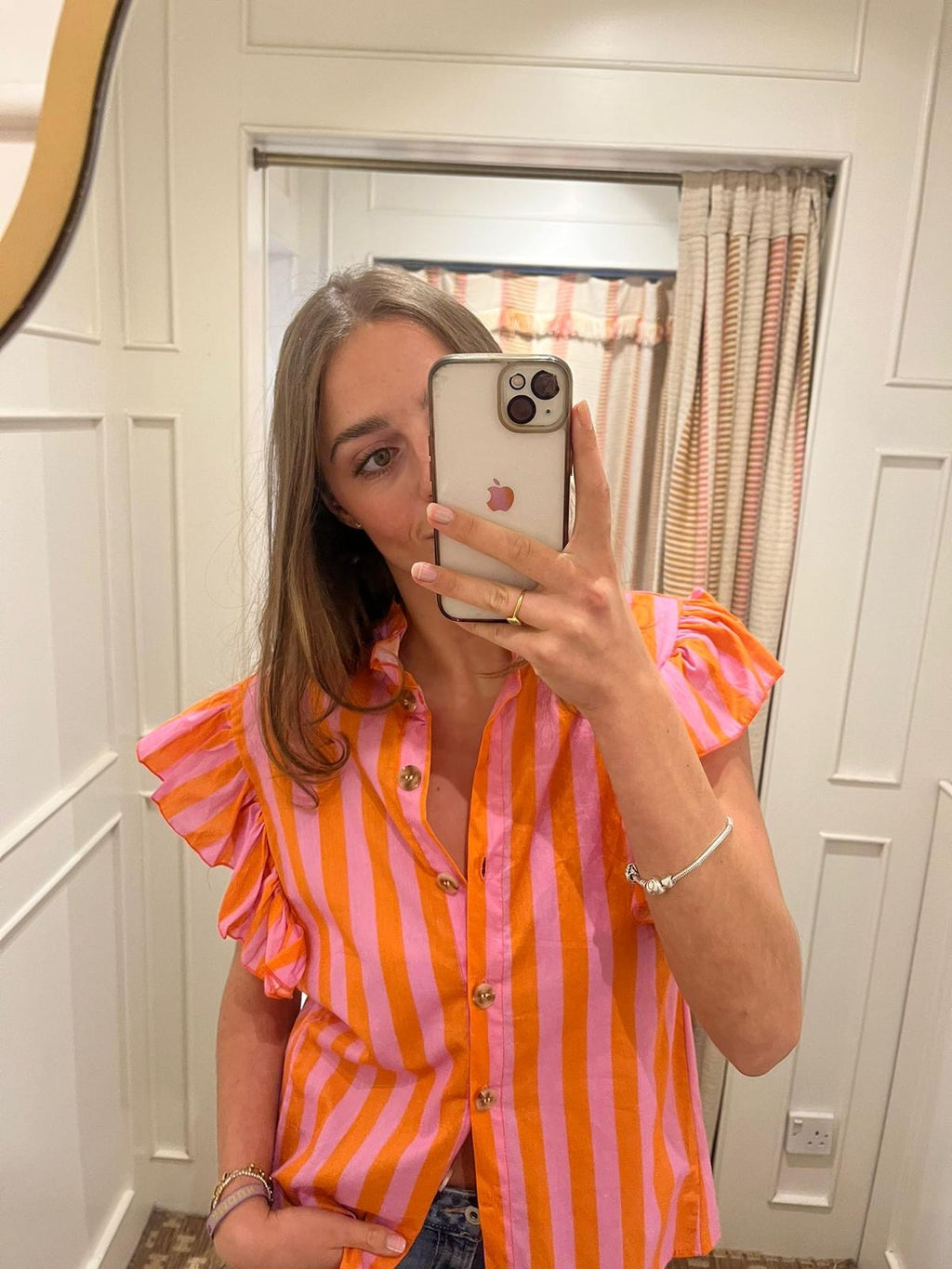 Frill neck wide stripe shirt