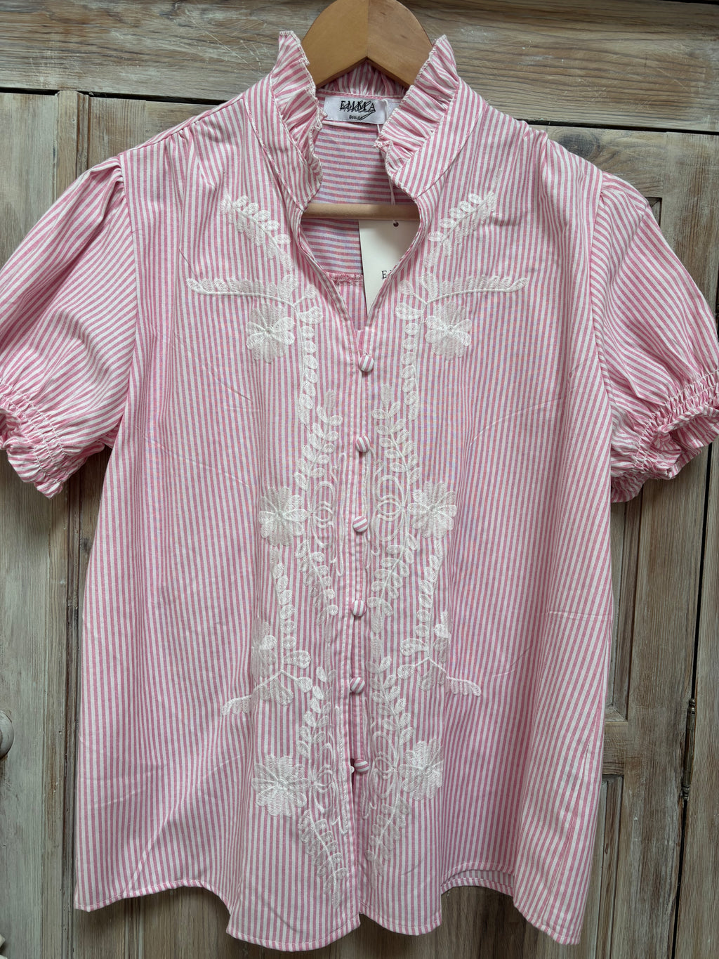 Frill neck embroidered shirt