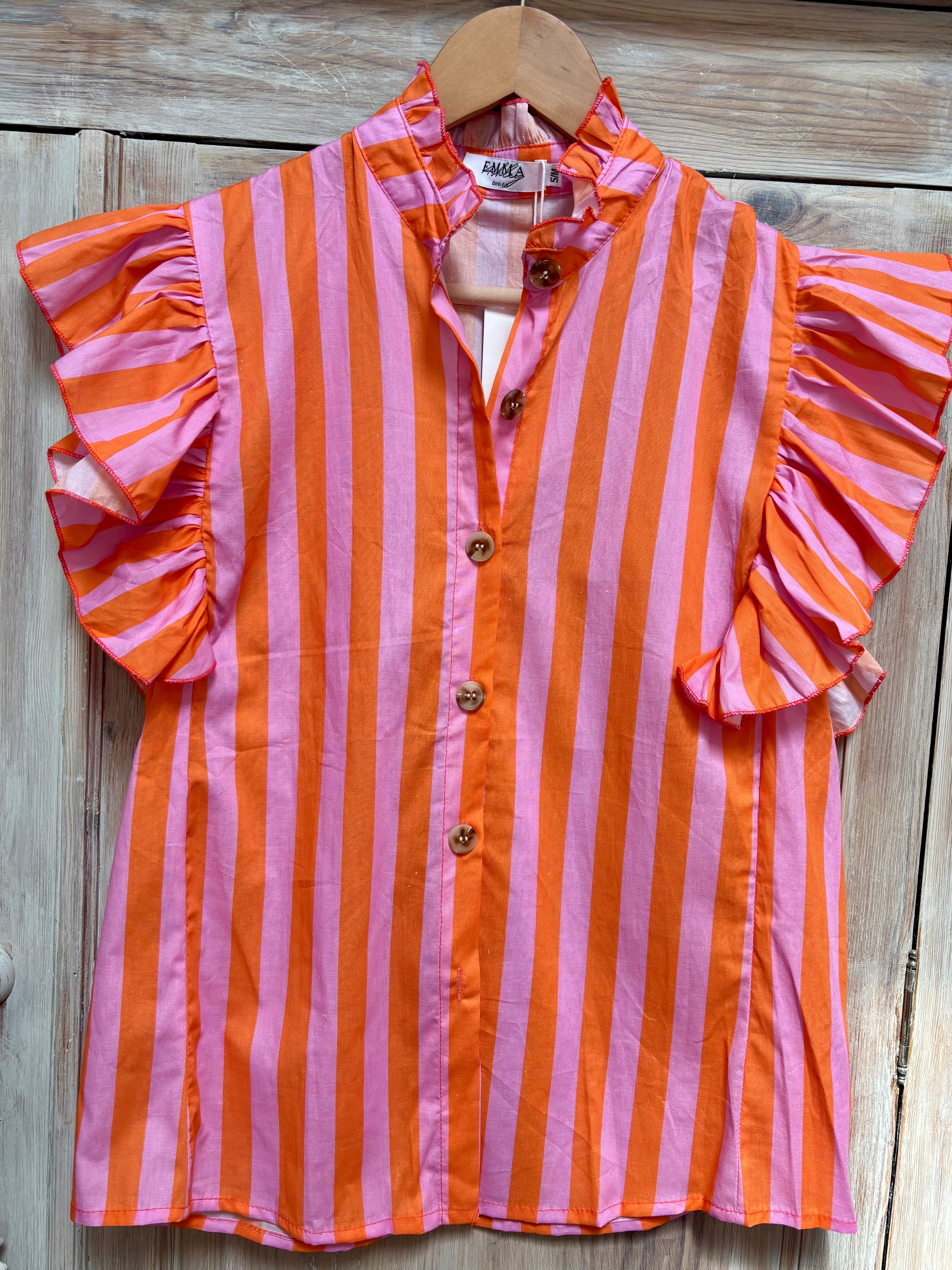 Frill neck wide stripe shirt