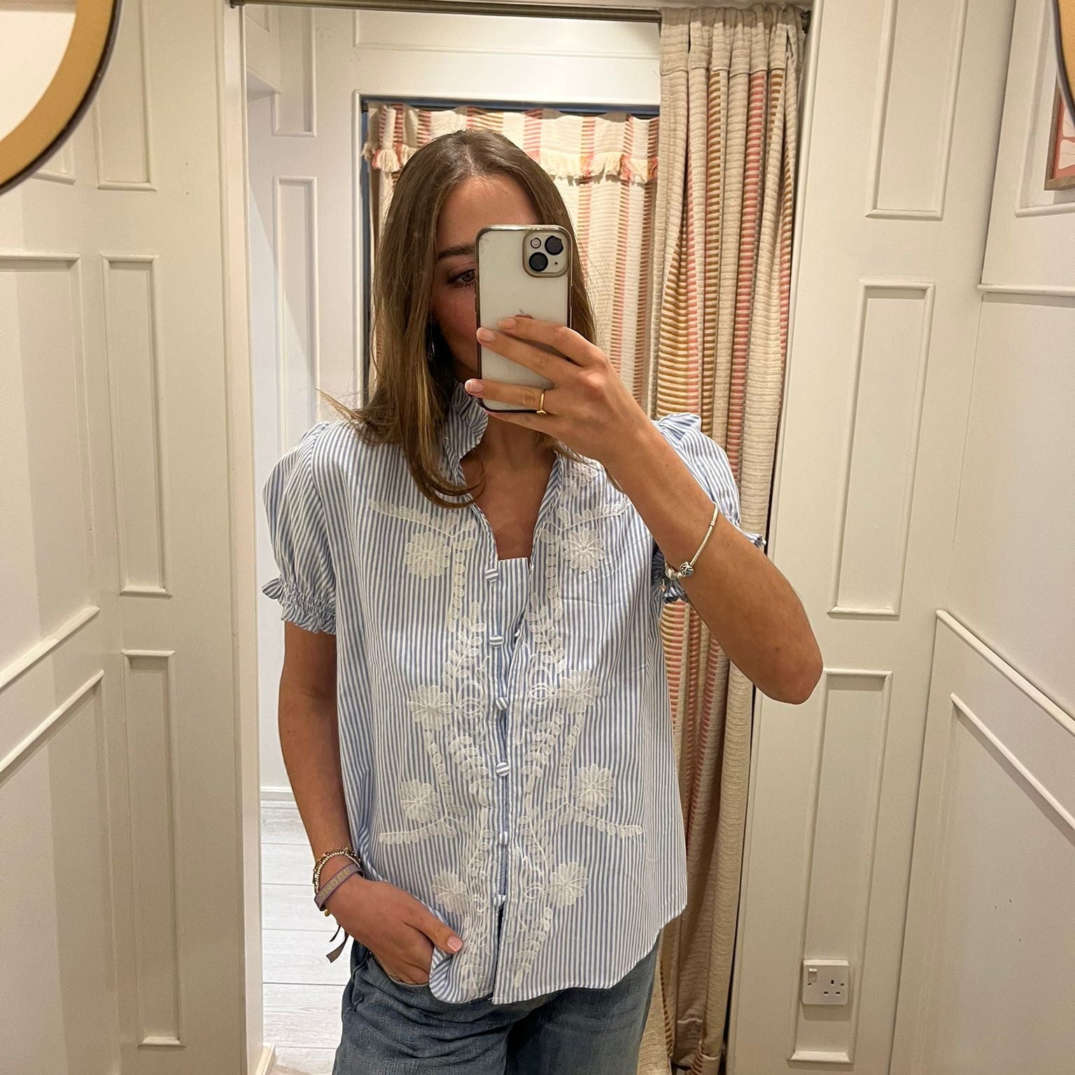 Frill neck embroidered shirt