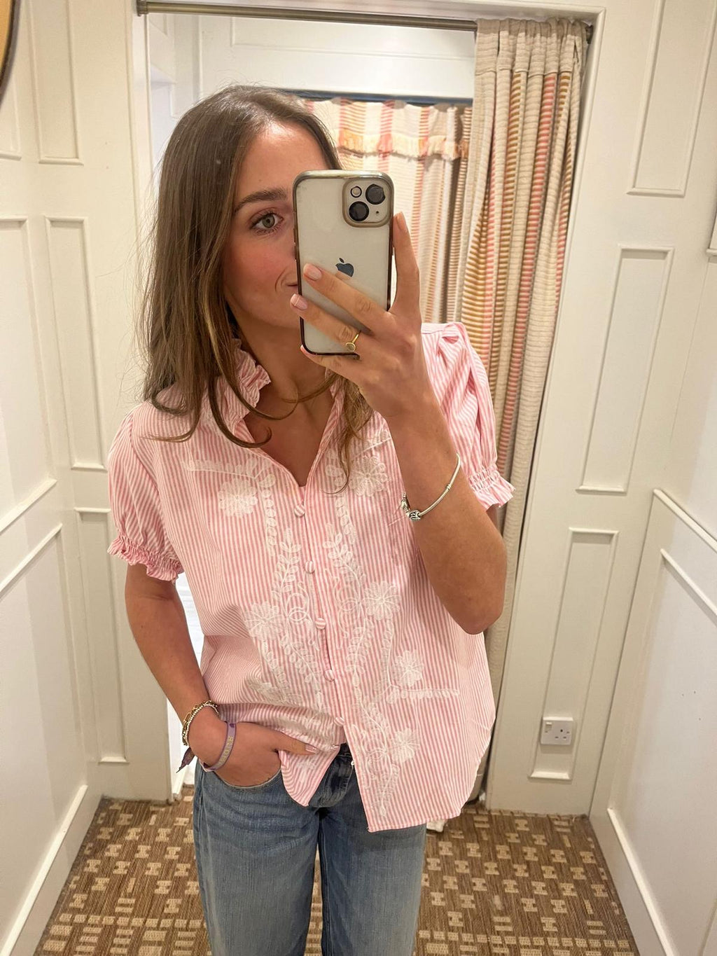 Frill neck embroidered shirt