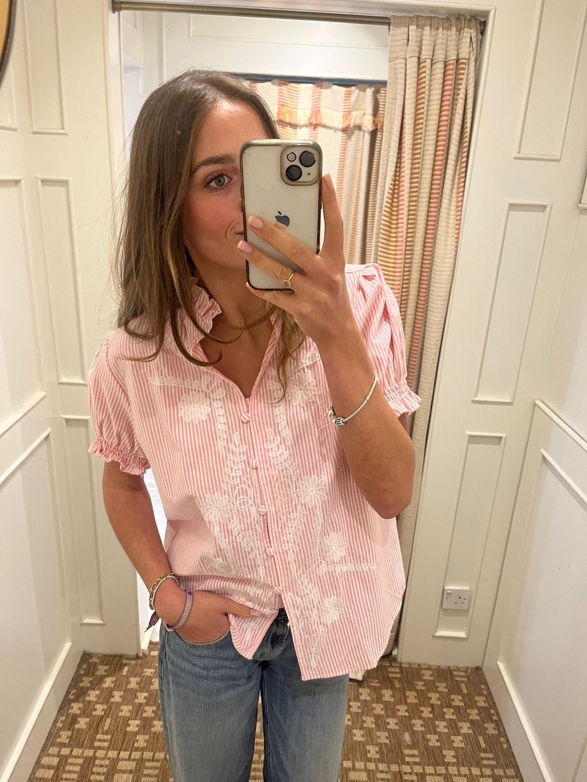 Frill neck embroidered shirt
