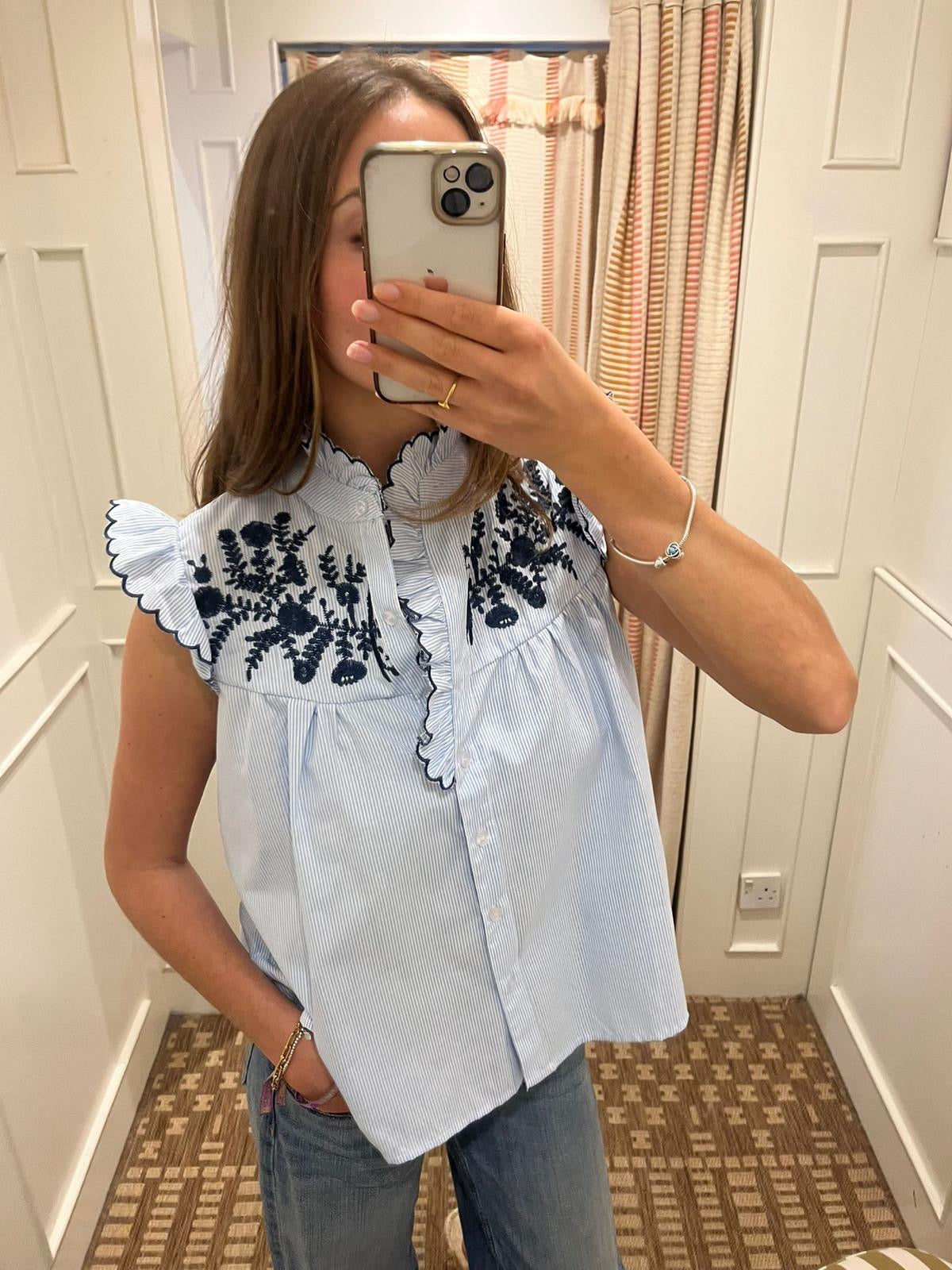 Frill neck shirt with Embroidery detail